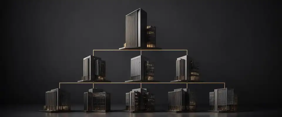 Render arquitetônico em grafite e ouro fosco ilustrando imóveis em diferentes cidades.